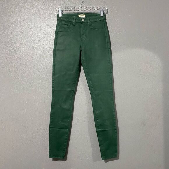 L'Agence Marguerite Blanks High Rise Skinny Ankle Green Coated Jeans Size 25